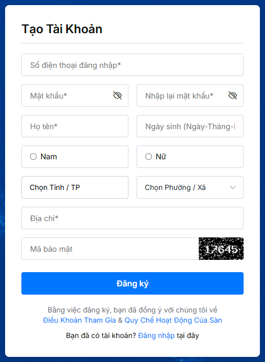 Form đăng ký tài khoản